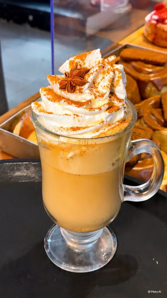 Café chai con nata montada, canela y anís estrellado en Chantilly, cafetería de brunch en Valencia