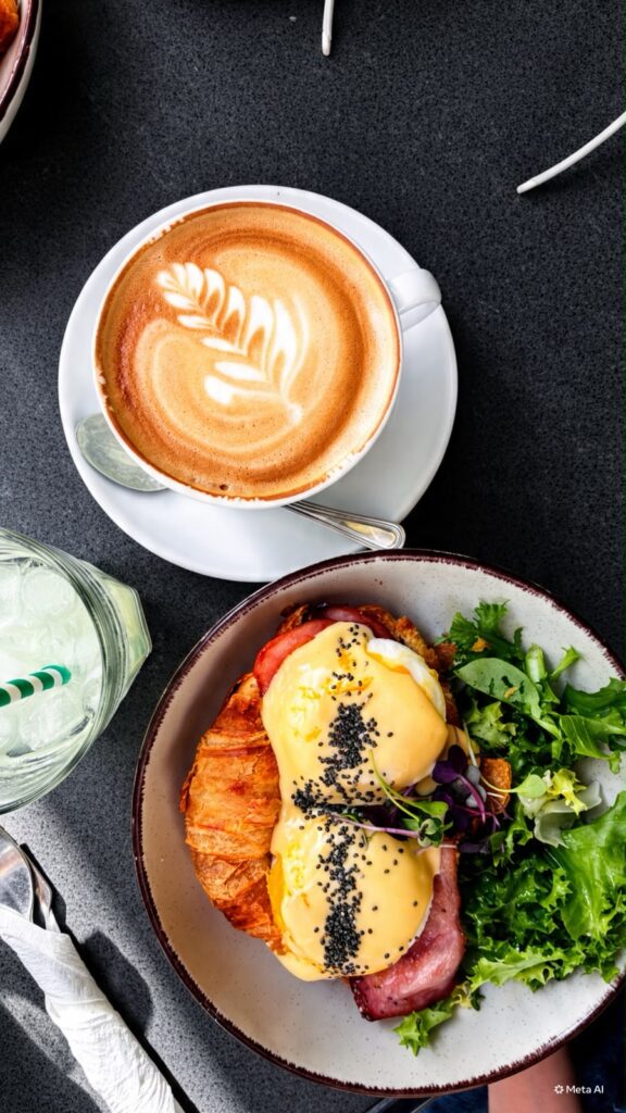 Huevos benedictinos sobre croissant con ensalada y café latte, brunch en Chantilly Valencia